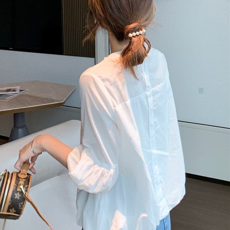 雪纺衬衫短袖上衣女装2022年春装新款洋气薄衬衣蕾丝显瘦上衣夏季