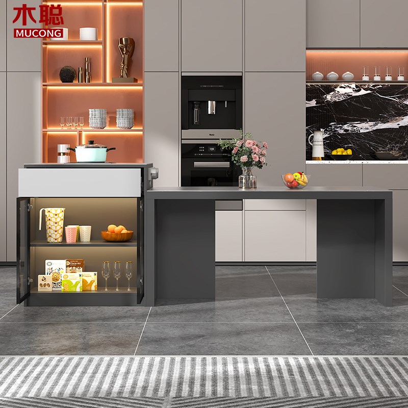轻奢岩板岛台餐桌一体家用开放式厨房中岛台隔断吧台柜茶水柜E32