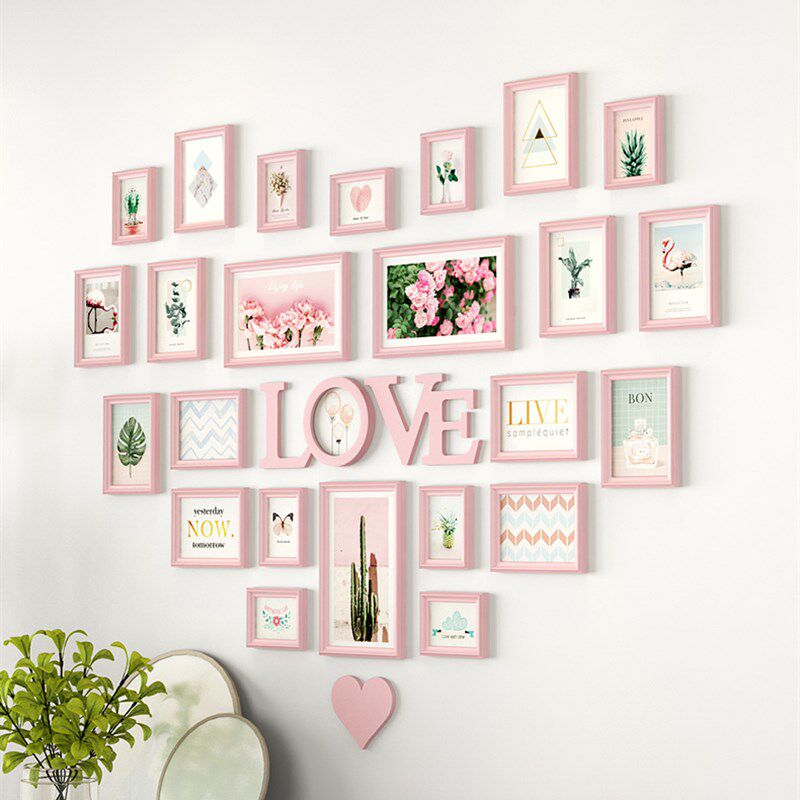照片墙装饰相框挂墙免打孔组合轻奢心型网红相册墙心形家庭相片墙