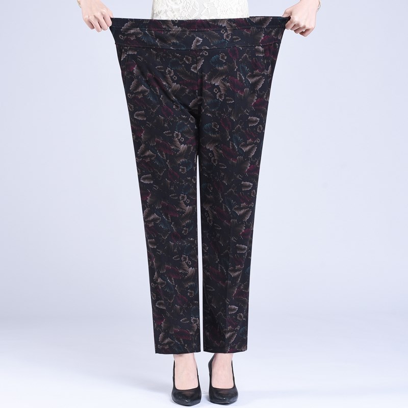 妈妈春秋长裤老人松紧高腰直筒裤中老年宽松弹力女裤老太太花裤子