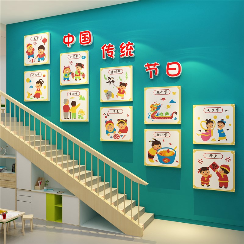 楼梯墙面中国传统节日幼儿园环境创主题成品文化走廊过道布置贴画