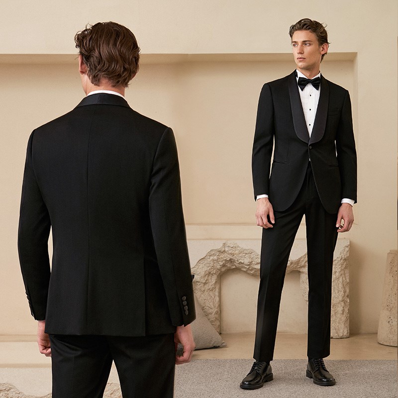 【高定工艺】澳嘉西服套装男结婚黑色塔士多礼服宴会青果领西装