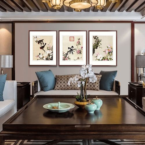 国画花鸟花三联画玄关电表箱客厅沙发壁画餐厅床头新中式装饰挂画