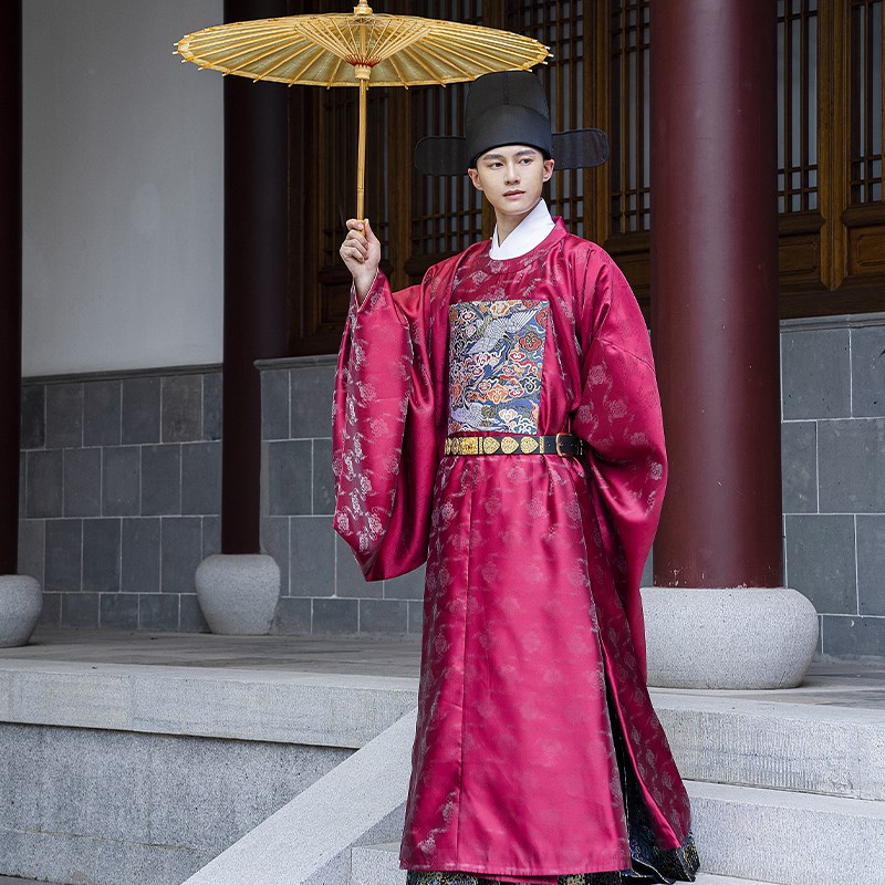 2024新绯红汉服明制男女鹤文官官服圆领袍喜庆补服司仪中式婚服