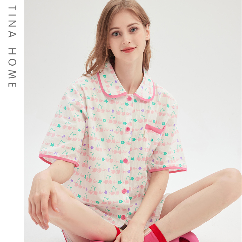 TINAHOME花花樱桃春夏秋新薄款短袖短裤睡衣套装翻领卡通家居服女