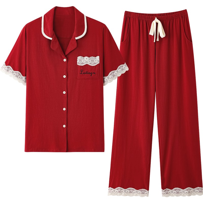 马克公主情侣睡衣夏季女纯棉新婚结婚短袖长裤套装喜庆红色家居服