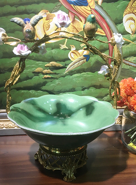 美饰家居陶瓷配铜小鸟提篮果盘 客厅茶几美式家居高端工艺品摆件