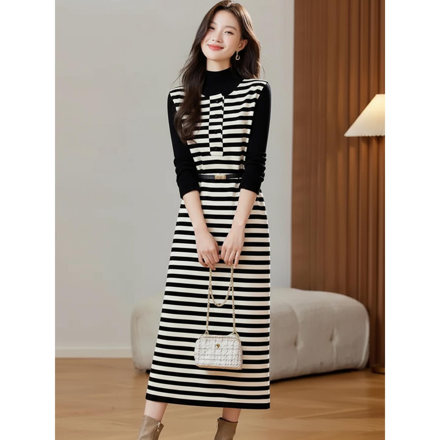 条纹毛衣裙女款秋冬2025新款高级感爆款中长款洋气减龄针织连衣裙
