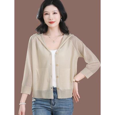 桑蚕丝连帽开衫薄款女防晒上衣外搭夏装空调衫冰丝针织衫妈妈外套