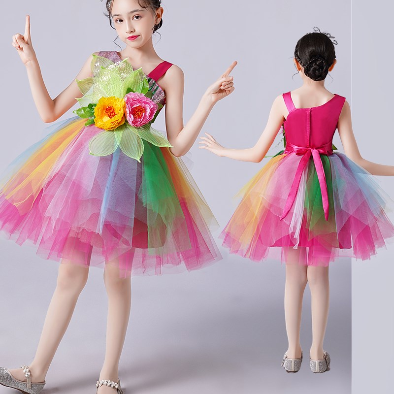 新女童幼儿舞蹈服亮片斜肩蓬蓬纱裙多色绿色花朵公主裙学生合唱服