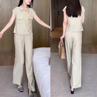 2025夏季新款短袖上衣阔腿裤子两件套女小个子气质显瘦polo领套装