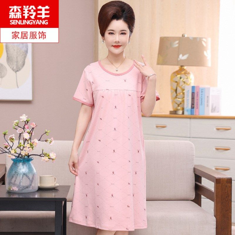 中年人妈妈夏天短袖纯棉薄款睡裙夏季女士休闲宽松连衣裙子中长款
