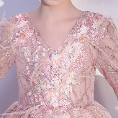 女童礼服粉色公主裙蓬蓬纱儿童喇叭袖主持人晚礼服生日演出服洋气