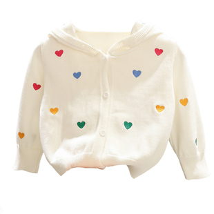1-5岁女宝宝不起球棉线连帽毛衣女童春装新款3女婴儿爱心开衫外套