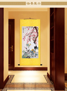 松鹤牡丹长寿富贵图花鸟画 仙鹤双鹤卷轴挂画丝绸装饰字画可定制