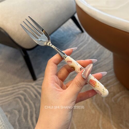 【我家宝宝超爱的餐具】卡通陶瓷柄304不锈钢勺叉套装 儿童勺子叉