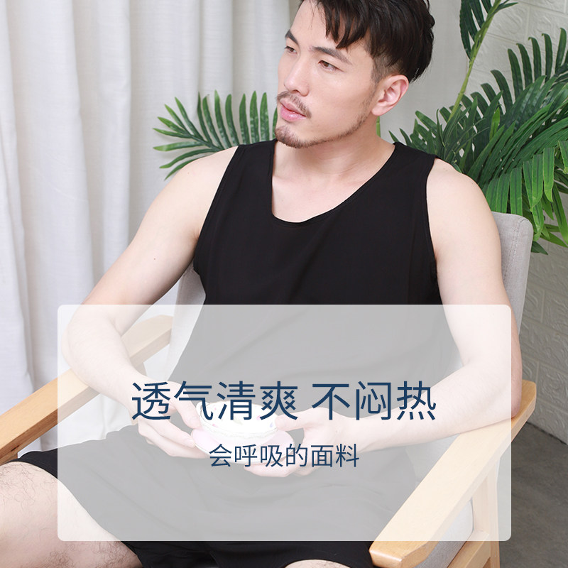 男薄棉绸睡衣夏背心短裤套装中老年柔软宽松凉爽大码包邮