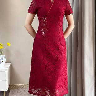 婚庆婆婆红色妈妈旗袍婚宴连衣裙改良A字蕾丝短款大码中年装秋季