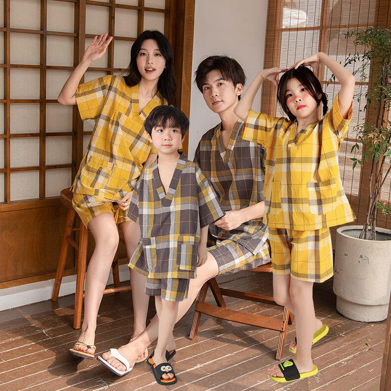 汤纯棉胸垫泉格子衣服高端情侣汗蒸服会所女款亲子儿童带休闲加厚