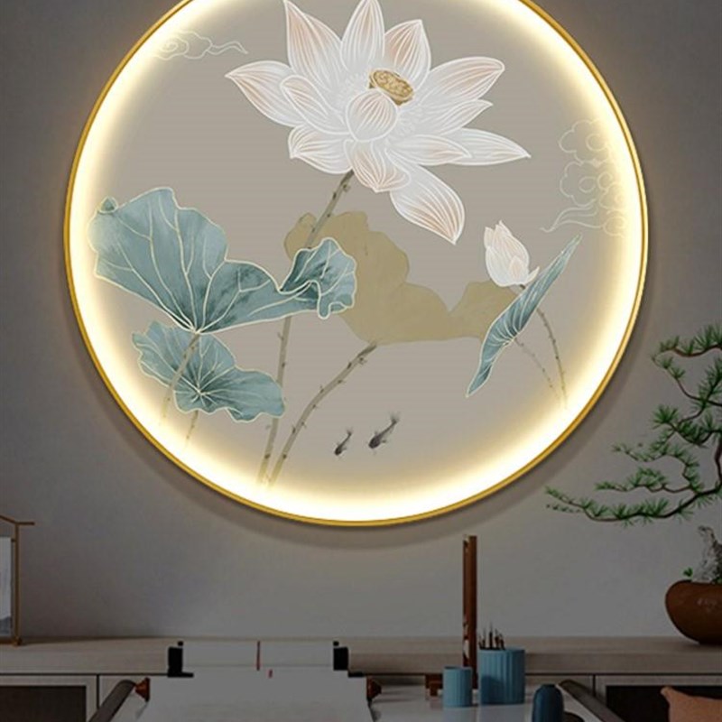 网红新中式荷花入户玄关LED画装饰画圆壁画客厅灯茶室禅意形水墨