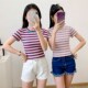 t恤女短款 紧身打底衫 新款 短袖 彩虹条纹纯棉修身 高腰露脐紧身上衣