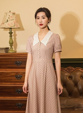 固执夏季新款学院短袖中长格子连衣裙25122LQ07159
