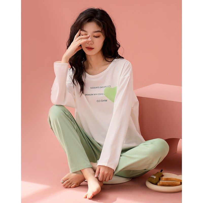 睡衣女春秋款春装纯棉长袖休闲圆领套头可外穿白色t恤家居服套装