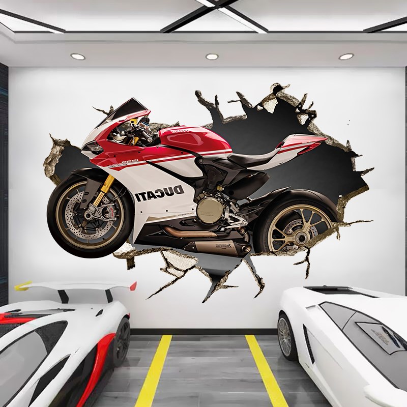 汽车贴画墙贴背景墙装饰3D立体穿墙摩托机车自粘卧室创意墙画贴画