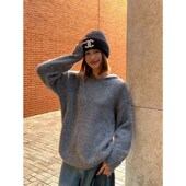 ousph 连帽宽松高级设计感咖蓝色上衣 女冬新款 灰色长袖 打底毛织衫