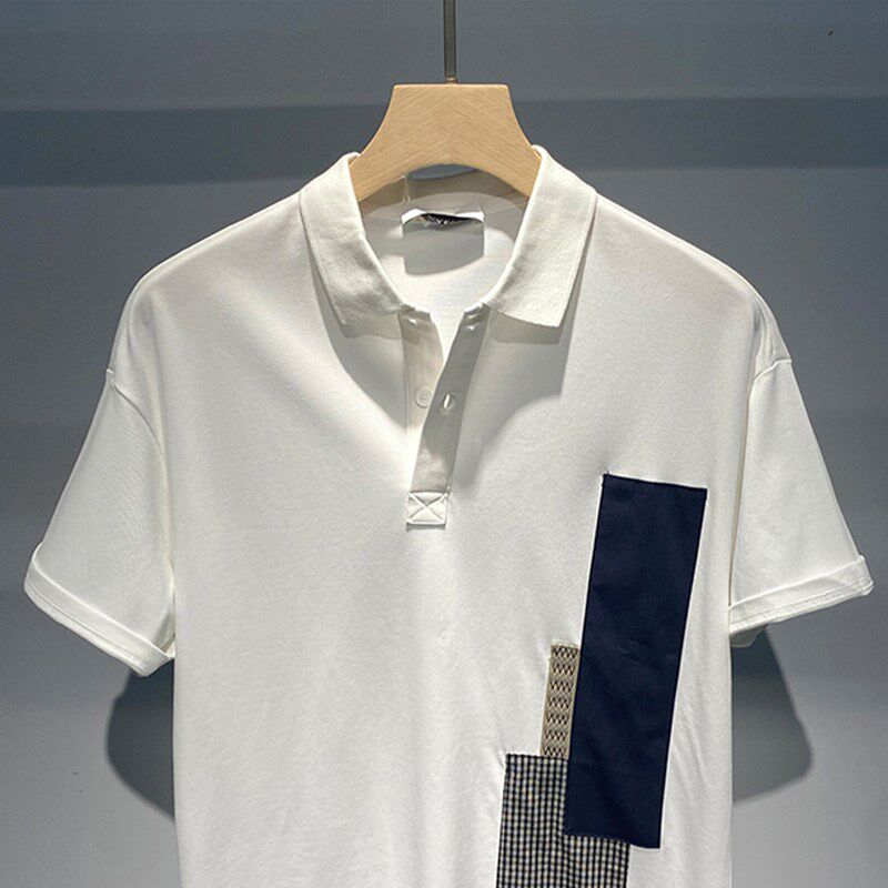 印西诺个性织布拼接宽松polo衫男工装美式简约撞色休闲短袖T恤衫