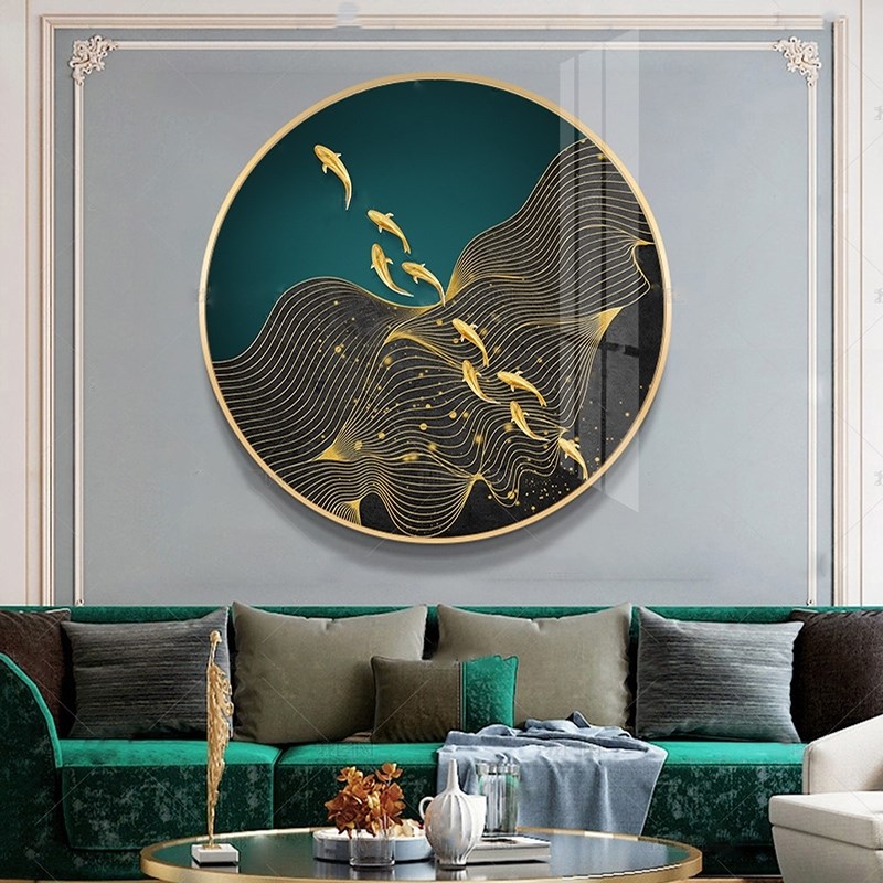 镶钻晶瓷画九鱼图玄关装饰画圆形轻奢挂画餐厅走廊尽头壁画客厅画图片