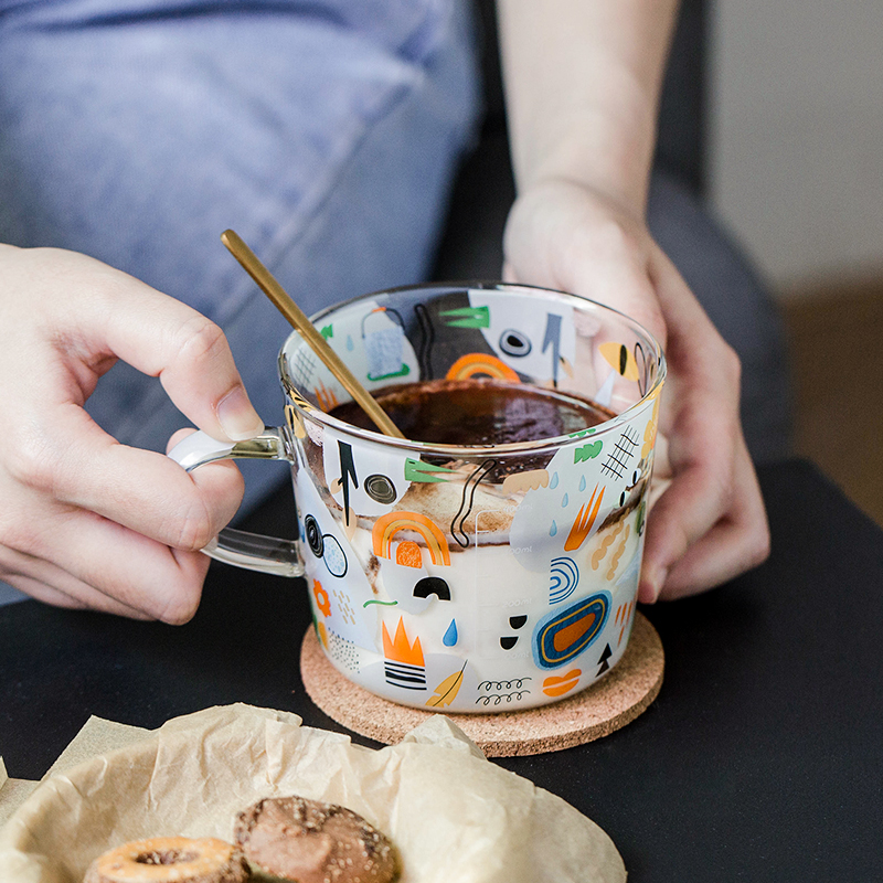 西比尔 多彩大容量带刻度玻璃杯家用牛奶杯高硼硅耐冷热水杯泡茶