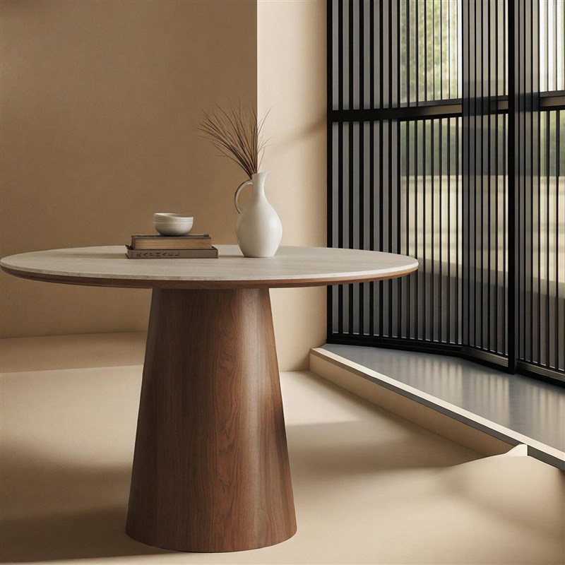 洞石岩板小圆桌家用小户型餐厅实木圆形餐桌复古风黑胡桃木圆餐桌