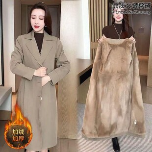 收腰中长款加绒加厚风衣外套冬季女高级感时尚洋气西装领保暖大衣