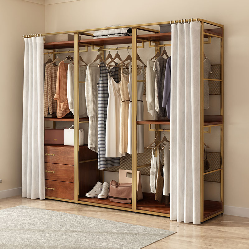 开放式衣帽间轻奢金属衣架落地卧室帘子挂衣架金色铁艺步入式衣柜