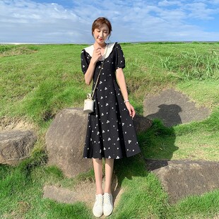 黑色雪纺碎花连衣裙2024新款 小黑裙 女娃娃领气质显瘦a字裙子夏季