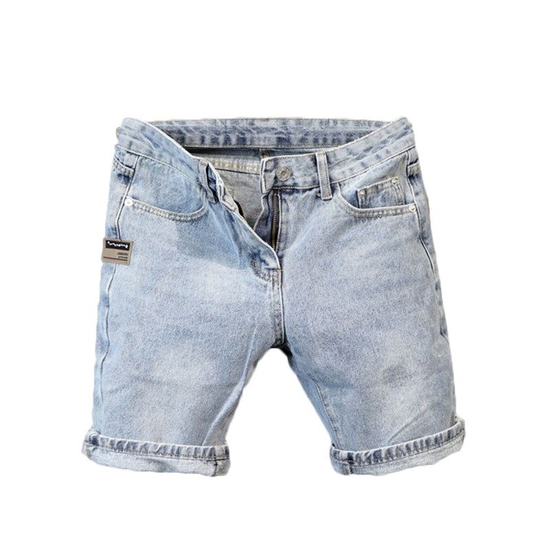 夏季新款浅蓝色水洗简约百搭牛仔短裤男士个性皮标装饰青年五分裤