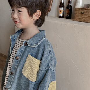 暮晨家新款春装2023男童棉质牛仔长袖衬衫中小童补丁贴布外套夹克