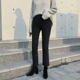 白色裤子女2020秋冬加绒牛仔裤女直筒微喇裤八分高腰显瘦九分修身