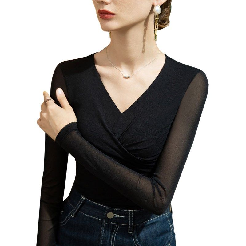 2024春款v领胸前交叉打底衫鸡心领女款沙体t恤女长袖舞蹈薄纱上衣,女装/女士精品,T恤,淘宝优惠券,粉丝福利购,淘宝优惠卷
