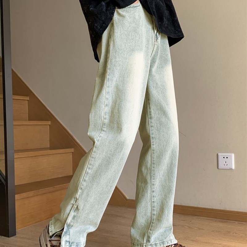 中大童装复古黄泥染牛仔裤男美式vibe拉链直筒裤子男款水洗做旧