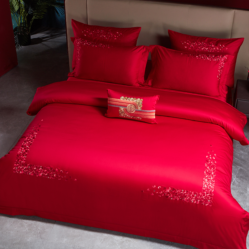 喜被四件套婚庆六件套套装婚嫁结婚陪嫁被套简约大红喜庆陪嫁床单
