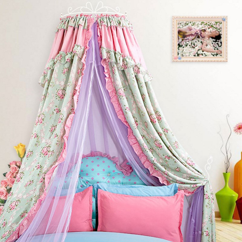 防蚊豪华韩式公主布帘圆顶支架蚊帐 床幔加密吊顶落地1.5床1.8m