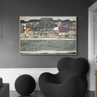 席勒画小镇建筑艺术画沙发背景挂画餐厅装饰画欧式玄关画有框墙画