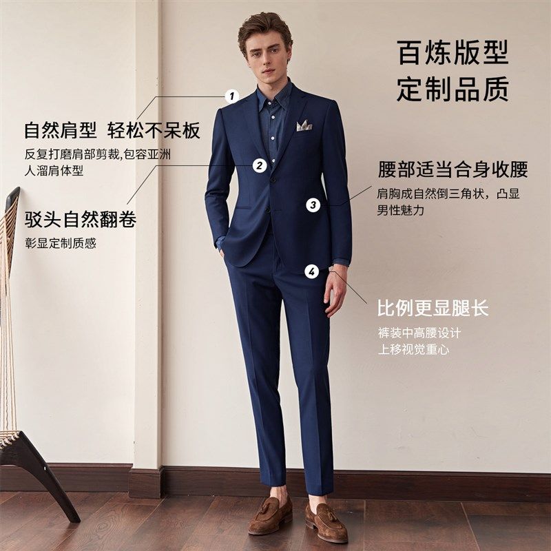 吉约蒙男士西服套装蓝色商务正装高级感新郎结婚礼服修身西装外套