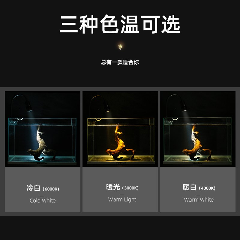 鱼途鱼缸射灯水族变焦灯LED照明调光三色夹灯南美造景小型水草灯