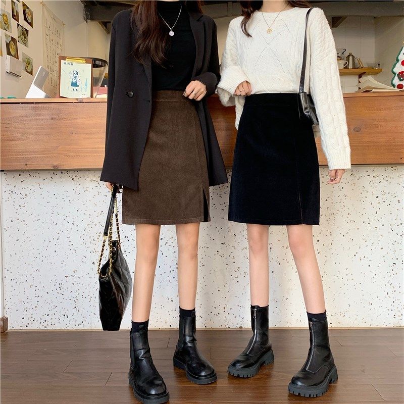 灯芯绒高腰半身裙秋冬大码胖MM复古开叉a字裙黑色百搭包臀一步裙,女装/女士精品,半身裙,淘宝优惠券,粉丝福利购,淘宝优惠卷