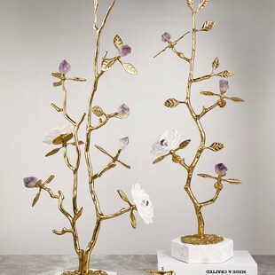 北欧轻奢黄铜连理枝发财树摆件天然水晶花酒店别墅客厅玄关软装饰