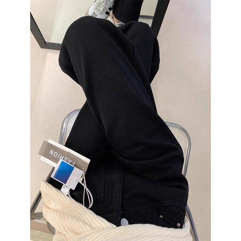 黑色加绒加厚直筒牛仔裤女冬季新款胖妹妹mm高腰遮胯显瘦阔腿长裤