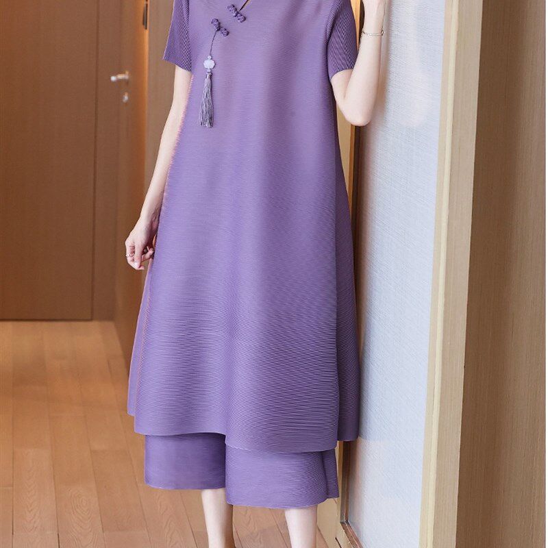 夏季中年妈妈休闲时尚套装大码显瘦型改进旗袍裙阔腿裤两件套